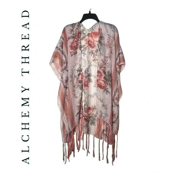 alchemy thread Tops - 1816. ALCHEMY THREAD FRINGE FLORAL PONCHO LIKE KIMONO ORANGE/CREAM‎ ONE SIZE